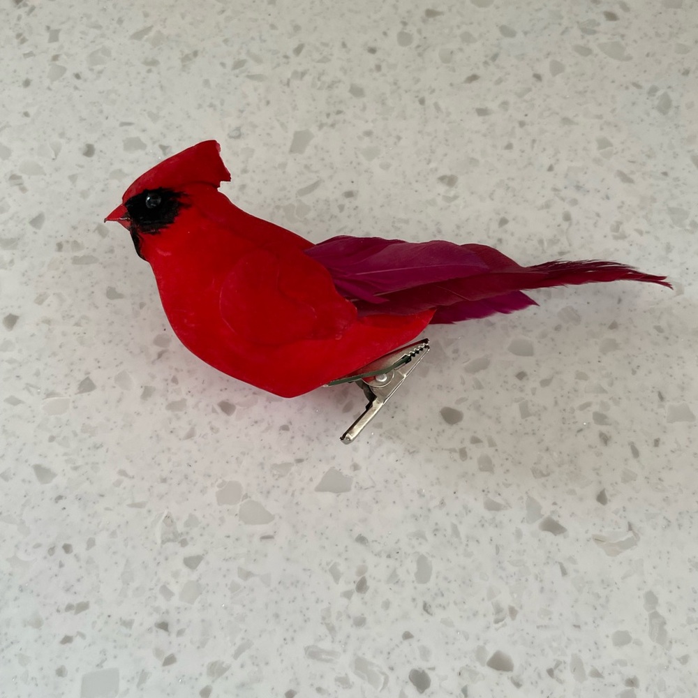 Vintage Cardinal Ornament Clip With Feathers Bird Red